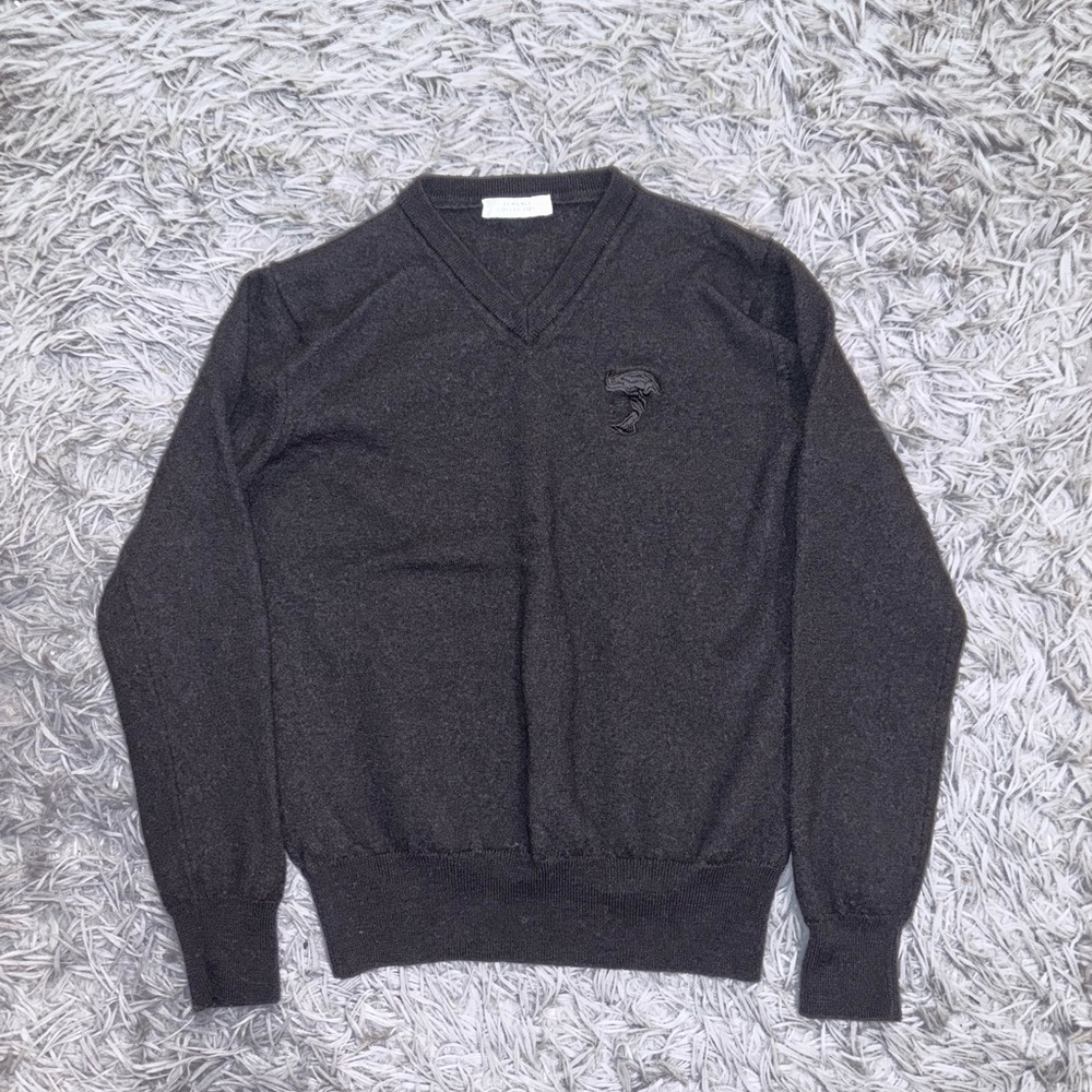 Versace Collection Womens Black Pure Wool V-Neck Sweater Stitched Logo Authentic